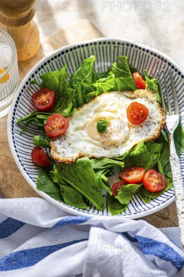 Top view of a nutritious lunch featuring fresh spinach leaves, cherry tomatoes, and a perfectly fried egg, accompanied by a glass of ice-cold mineral water garnished with kumquat slices