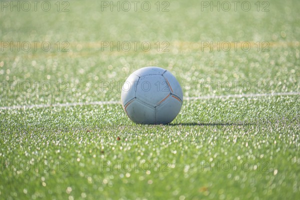A soccer ball rests on a lush green soccer field, glistening under bright sunlight. The scene captures the essence of outdoor sports and athletic spirit on a clear day