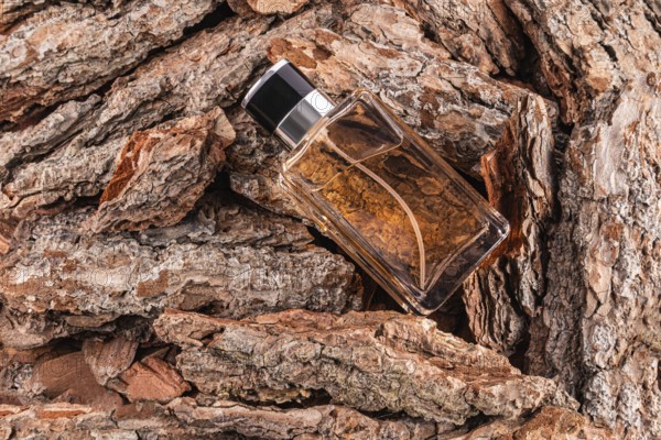 A glass male perfume bottle with amber liquid rests on rugged tree bark, creating a contrast between luxury and nature Ideal for themes of elegance, fragrance, or nature