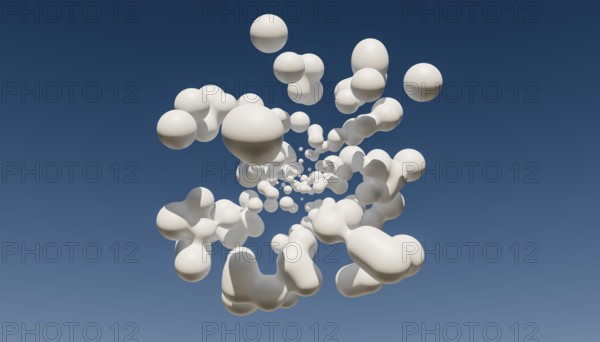 This 3D render depicts multiple abstract white shapes floating against a vivid blue sky. The shapes vary from spheres to more complex, smooth forms, offering a sense of surrealism and spatial ambiguity