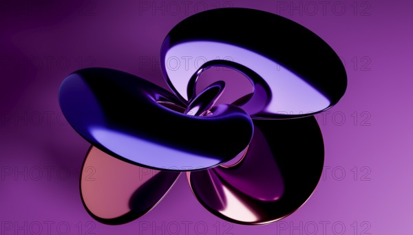 This image showcases a captivating 3D render of intertwining metallic shapes set against a gradient purple background, creating a sleek and modern abstract composition