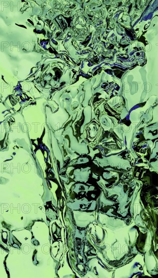 This striking abstract image features a dynamic pattern of liquid 3D elements in green and blue, capturing a sense of fluid motion and creative energy