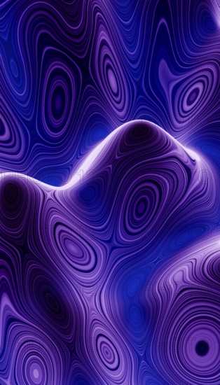 Vibrant 3D rendered image capturing hypnotic, swirling waves in shades of purple and blue, ideal for backgrounds and abstract designs