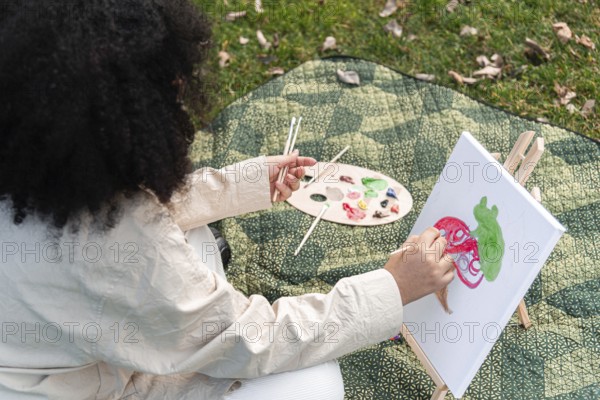 A black woman enjoys painting in a park, capturing creativity on canvas. Surrounded by a peaceful setting, brushes and a palette filled with vibrant colors lie on a patterned blanket