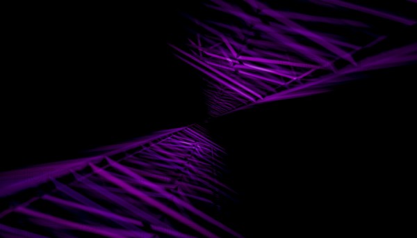 This digital artwork features a 3D rendered illustration of an abstract, geometric tunnel in shades of purple, creating a futuristic and immersive visual experience