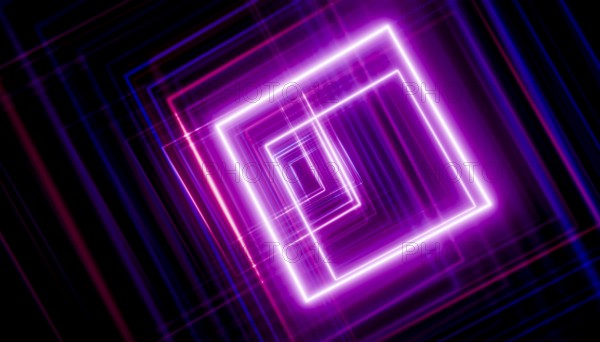 Vibrant purple and pink neon lights create an abstract square tunnel effect in this high-resolution 3D render