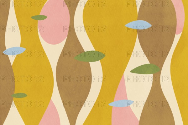 This abstract background features a colorful, retro-inspired pattern with organic shapes in shades of yellow, pink, green, and blue on a textured, beige base