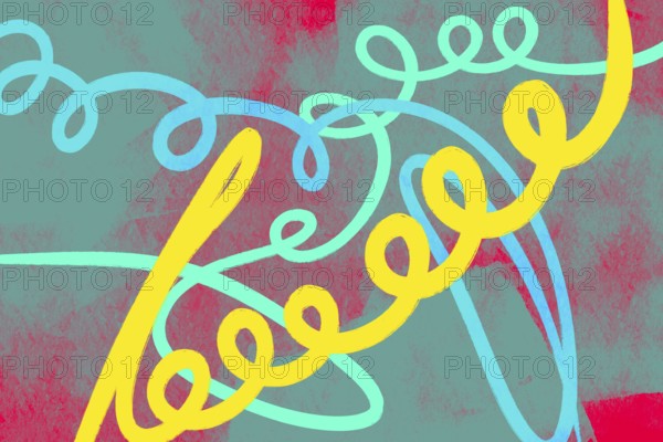 Vibrant abstract background featuring swirling loops in shades of blue and yellow against a striking textured red backdrop