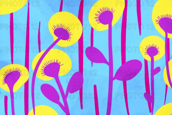 This lively illustration depicts abstract flowers with bright yellow and purple hues on a vivid blue background The bold colors and unique style create an eye-catching design