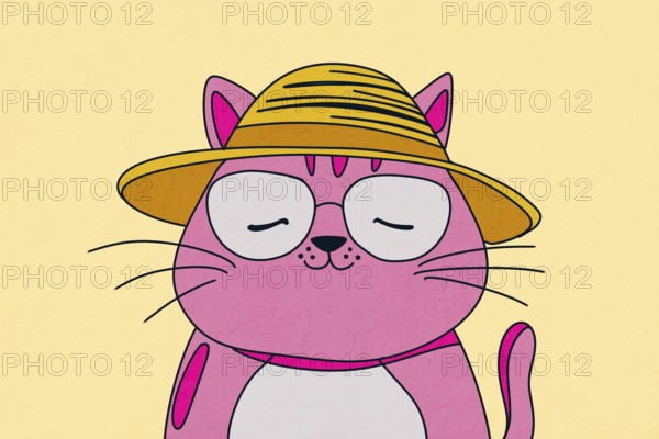 Delightful illustration of a pink cat wearing a straw hat and glasses The whimsical design features simple lines and a light background Perfect for playful themes