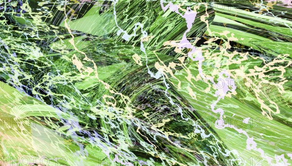 This digital artwork features vivid abstract lightning patterns in a dynamic 3D design, showcasing a blend of green and purple hues on a textured canvas