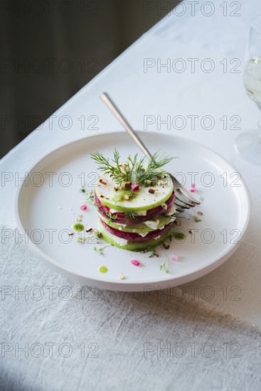 Top view of a colorful gourmet salad stacked with alternating slices of radish and cucumber, garnished with dill and pink edible flowers, presented on a white plate beside a glass of wine