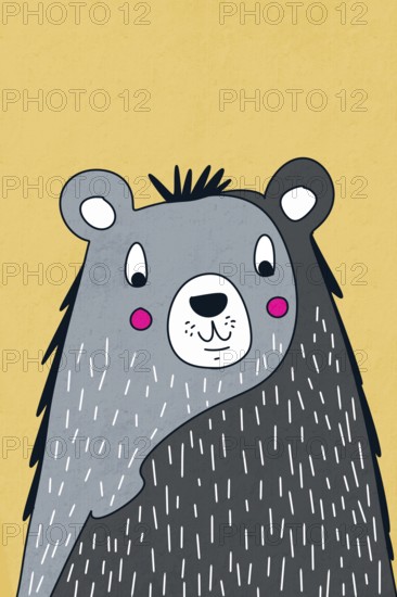 Charming cartoon illustration of a gray bear with pink blush cheeks, standing against a pastel yellow background The bear's playful expression adds a joyful and whimsical touch