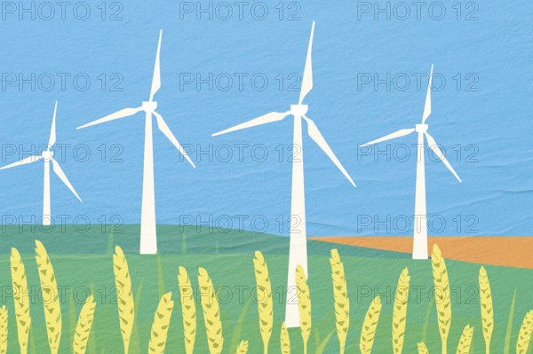 A vibrant energy farm featuring multiple wind turbines surrounded by golden crops under a clear blue sky, representing a sustainable future
