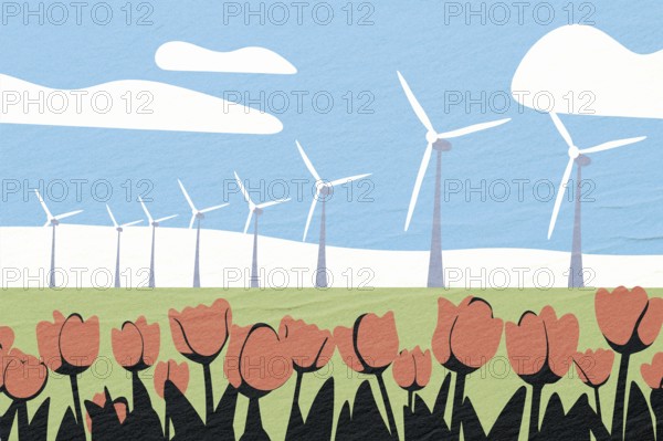 Colorful tulips bloom in the foreground while large wind turbines rotate in the background, showcasing a harmonious blend of nature and renewable energy technology