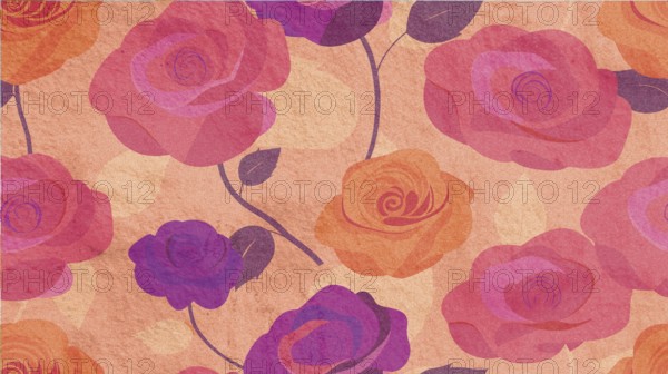Colorful roses bloom in shades of pink, purple, and orange, creating a lively illustration. The floral design captures the essence of spring with its cheerful patterns and soft hues