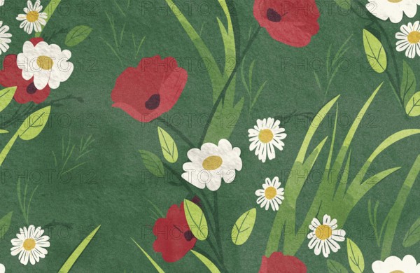Colorful flowers bloom in spring, featuring red poppies and white daisies surrounded by fresh green leaves. This lively illustration captures the essence of springtime beauty