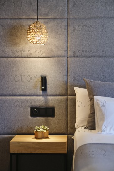 Elegant hotel room features a woven pendant light, modern upholstered wall, sleek bedside table with a small plant, and plush bedding for a cozy and sophisticated atmosphere