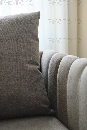 Close-up of a plush pillow on a stylish sofa, embodying modern luxury and elegance. The soft fabric adds a touch of comfort, perfect for a serene hotel room setting