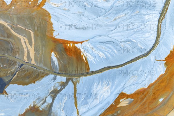 A vibrant abstract composition showcasing fluid textures in blue and orange shades The dynamic interplay of colors creates a mesmerizing visual effect