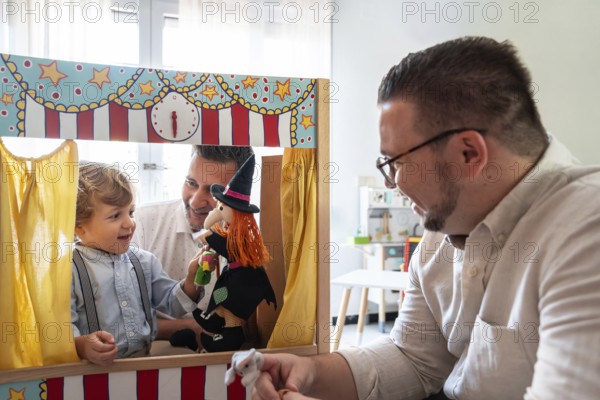A joyful moment with a gay couple and their son engaging in playful activities. The scene reflects love, diversity, and family joy in a home setting