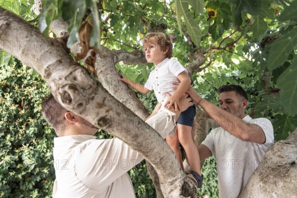 A heartwarming image of a gay couple assisting their young son as he climbs a tree in a lush garden, embodying familial love, care, and support