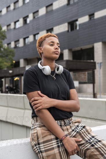 A confident young hispanic transgender with short hair wearing headphones and plaid pants, leaning casually against a railing in an urban setting