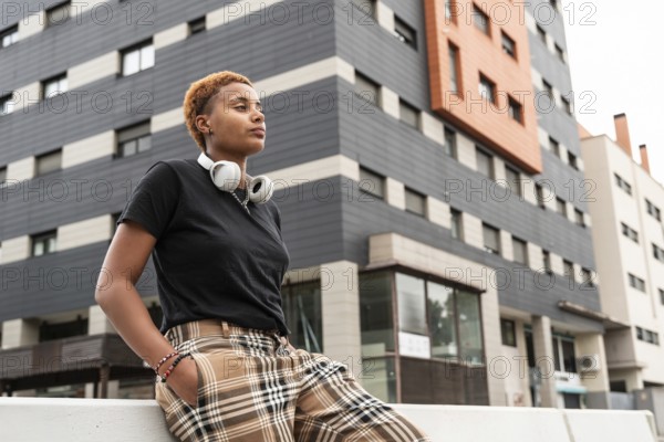 A confident young hispanic transgender with short hair wearing headphones and plaid pants, leaning casually against a railing in an urban setting