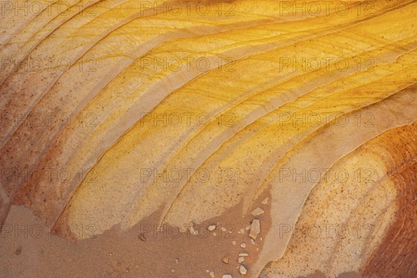 Close-up view of golden desert sandstone with natural striped patterns and textures in yellow and brown hues
