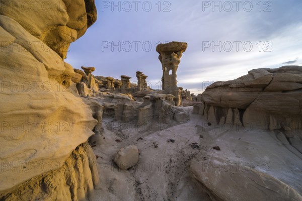 Stunning rock formations in the Bisti De-Na-Zin Wilderness, New Mexico, create a surreal landscape under a soft sky This desert scene showcases natural erosion and unique geology