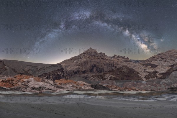A breathtaking panoramic view of the Milky Way arching over the rugged landscapes of the Utah desert, under a star-studded night sky
