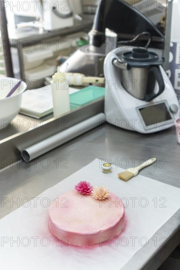 A beautifully crafted pink cake with gold dust sits elegantly on a stainless steel countertop in an Italian bakery, surrounded by baking tools and equipment, ready for decorating