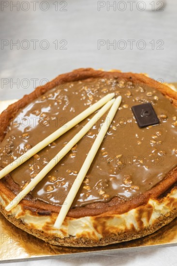 A mouthwatering Italian cake topped with a glossy chocolate glaze and garnished with elegant white chocolate sticks Perfect for showcasing authentic Italian bakery delights