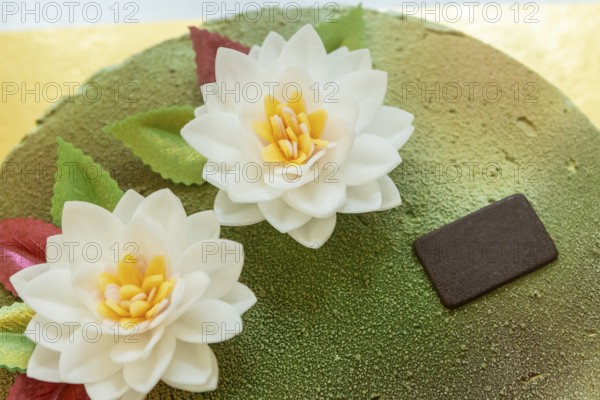 A beautifully decorated Italian cake topped with delicate edible flowers and vibrant leaves Ideal for celebrations, this dessert showcases exquisite artisanal craftsmanship