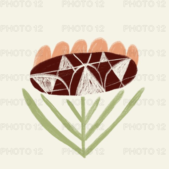 Minimalist illustration of a stylized spring flower featuring red petals with white geometric patterns and a green stem. Ideal for seasonal designs and creative projects