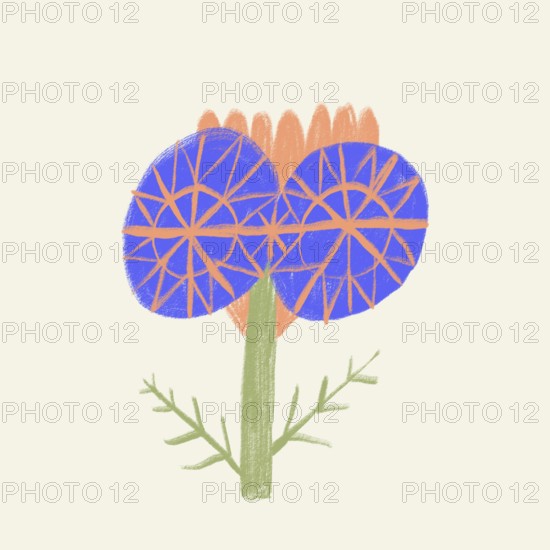 A vibrant digital artwork showcasing a stylized spring flower with geometric blue petals and a green stem on a textured background