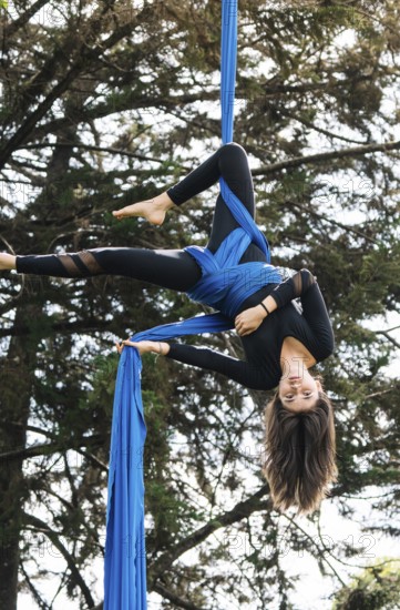 A skilled aerial performer demonstrates acrobatics on vibrant blue fabric in a tranquil Bogota park, showcasing strength and grace amidst lush trees and sunlight