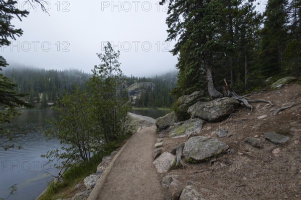 A serene path winds along the edge of a tranquil lake enveloped in mist, with dense forests and rugged terrain of the Rocky Mountains in the backdrop, capturing the peaceful yet mysterious beauty of Colorado's landscape