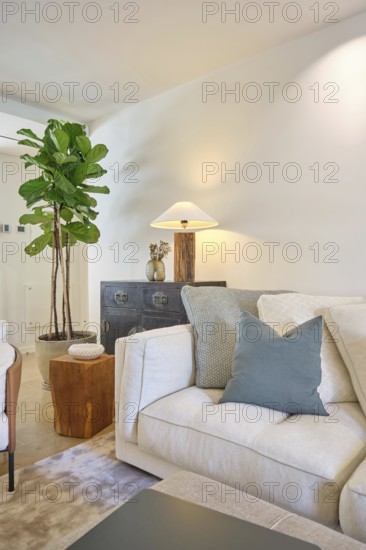 This cozy living room features a stylish beige sofa, a robust green fiddle leaf fig plant, and a rustic trunk as coffee table. The layout is enhanced with tasteful decorations including a modern lamp and soft pillows