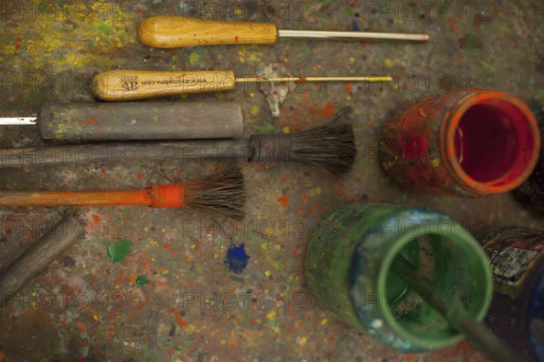 Istanbul, Turkey. May 20th 2017 Paint, brushes and tools in Turkish Ebru studio