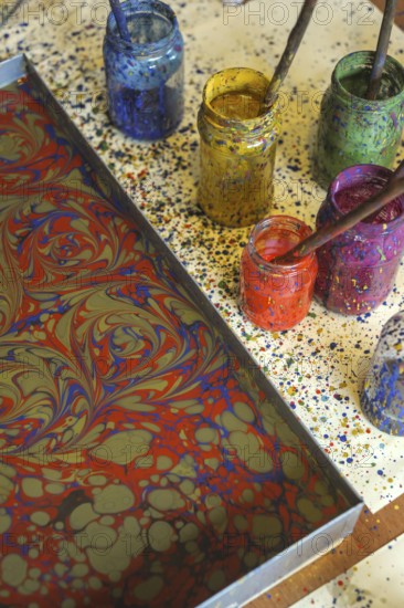Istanbul, Turkey. May 21st 2017. Workshop demonstrating traditional Turkish Ebru Art, Istanbul, Turkey