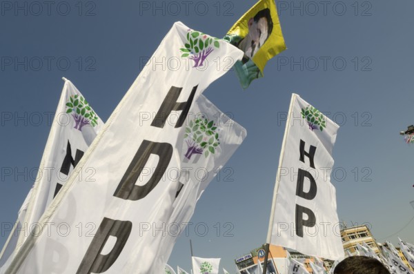 Istanbul, Turkey. April 12th 2015 HDP political banners flying at the launch of 2015 Turkish election campaign, Istanbul, Turkey