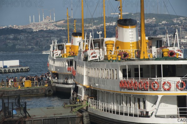 Istanbul, Turkey. April 12th 2016 Turkish ferries at Karakoy port on the European side of Istanbul, Turkey