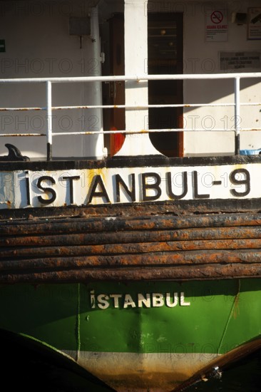The stern of a Turkish Ferry moored at the port of Karakoy, Istanbul, Turkey