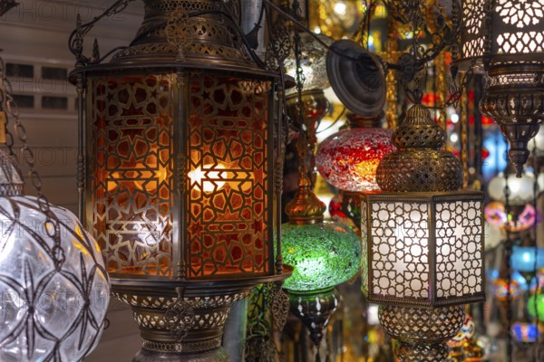 Colorful traditional Middle Eastern lamps for sale in an Istanbul Bazaar, Turkey