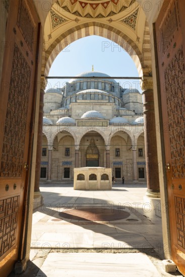 Beautiful entrance to the Suleymaniye Camii, an Ottoman imperial Mosque over looking Istanbul built by famous historical architect, Mimar Sinan
