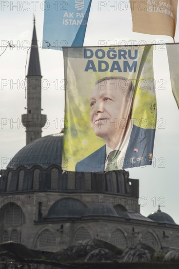 Istanbul, Turkey. May 4th 2023 Election banners for the ruling AK Parti, Justice and Development Party of President Recep Tayyip Erdogan. Campaigning for the Turkish elections on May 14th 2023