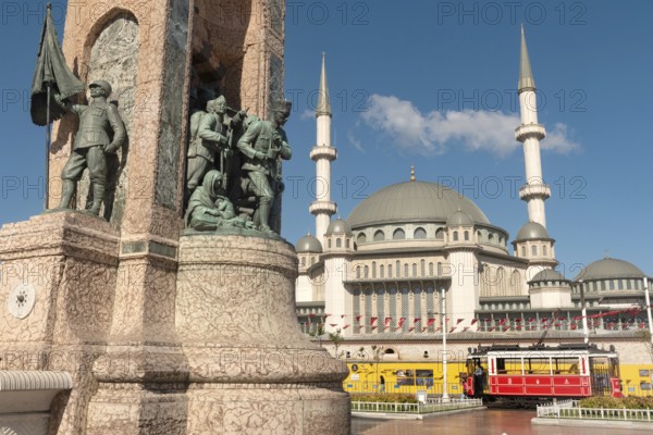 Istanbul, Turkey. July 18th 2023 Taksim Square, Mosque, Republic Monument, and Nostalgic Istiklal Street Tram. A popular tourist and transport centre on the European side of Istanbul, Turkey