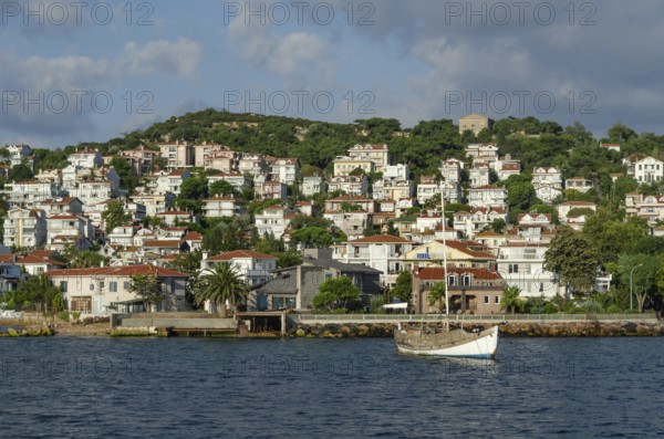 Istanbul, Turkey. 19th August 2014 Beautiful view of a sailing boat moored at Kinaliada Island, The Adalar Archipelago in Turkey