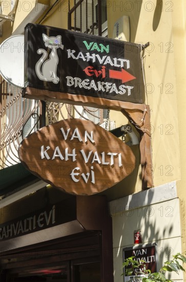 Istanbul, Turkey. 14th May 2015 Van Kahvalti Evi, Breakfast restaurant sign, Cihangir near Taksim, Istanbul, Turkey